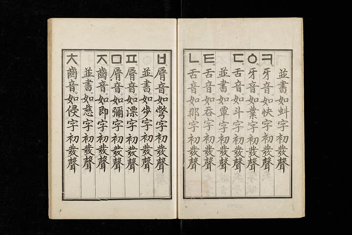 A page of the Hunminjeongeum Haerye (1446) explaining the letters